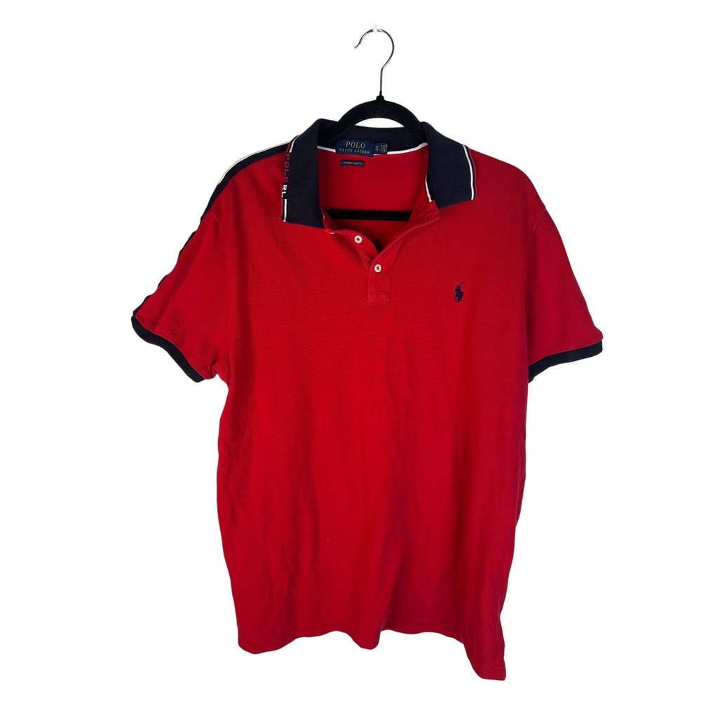 Polo Ralph Lauren Men's Red Custom Slim Fit Striped Shoulder Polo Shirt Size XL